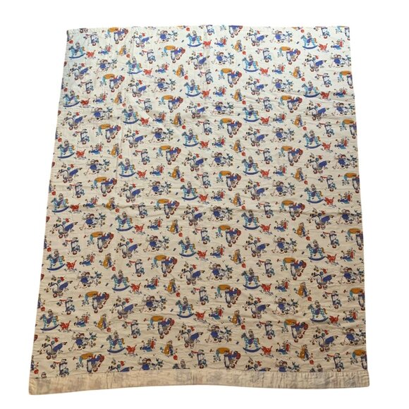1970s VTG Handmade Baby Quilt Raggedy Ann Andy Toy Animal Rocking Horse Print - Picture 1 of 4